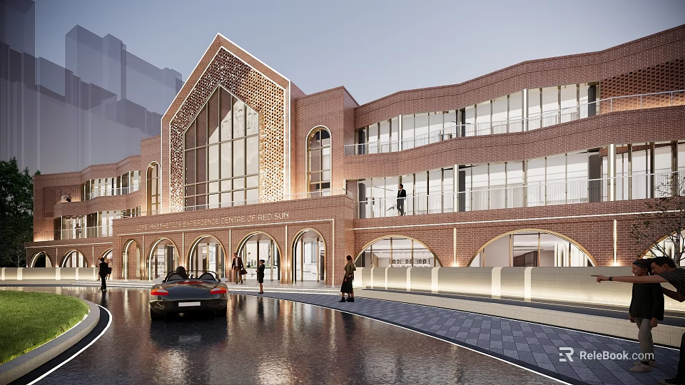 Red Brick School Building With Arched Doors Large Windows And Water Reflection 3d model 