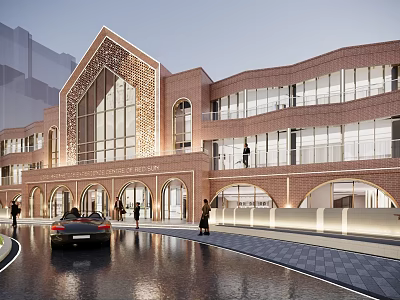 Red Brick School Building With Arched Doors Large Windows And Water Reflection 3d model