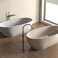 Stylish Freestanding White Bathtub in Bathroom With Wooden Floor and Window Faucet