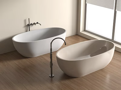 Stylish Freestanding White Bathtub in Bathroom With Wooden Floor and Window Faucet 3d model