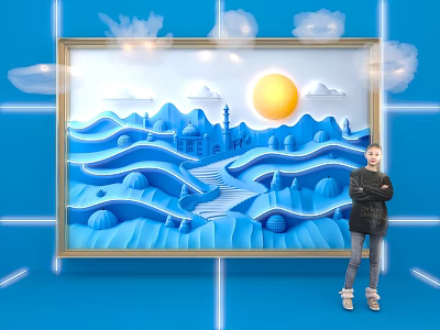 Blue Background Photo Spot With Clouds Frame Mountains Sun Path And Building 3d model
