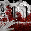 Elegant Wedding Banquet Hall With Crystal Chandelier Red Floral Decorations White Stage And White Chairs