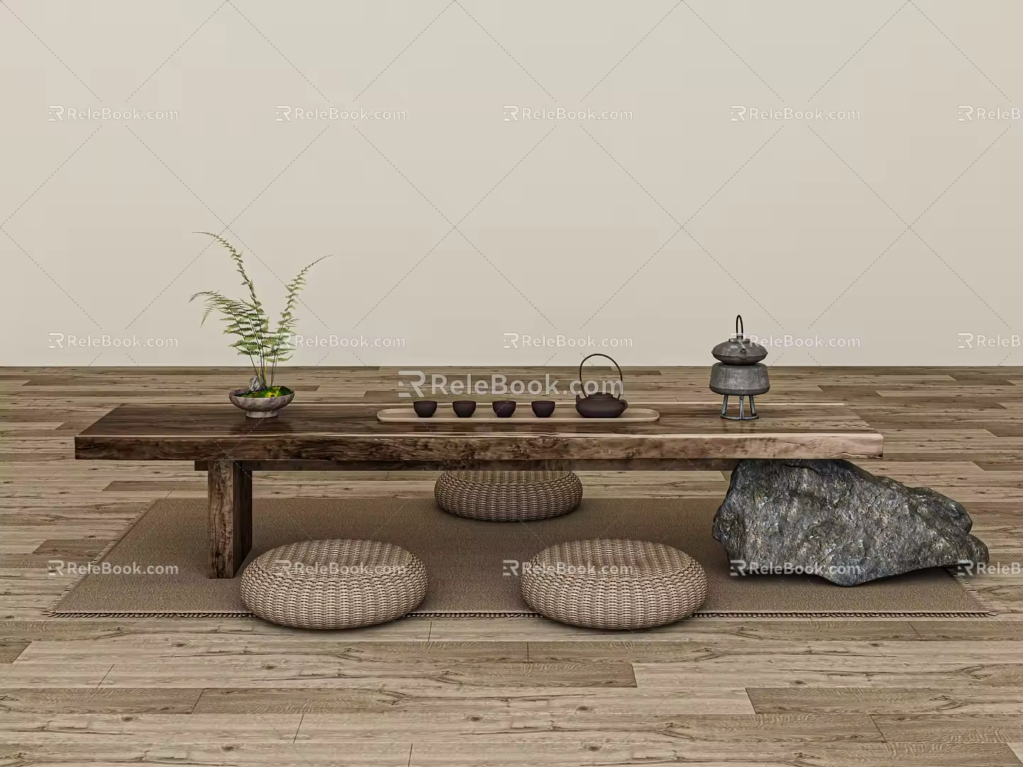 New Chinese Tea Table Tea Table Futon Cushion Tea Set 3d model