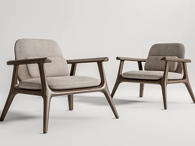 Two Modern Leisure Chairs With Wooden Frame And Light Gray Fabric Seats 3d model