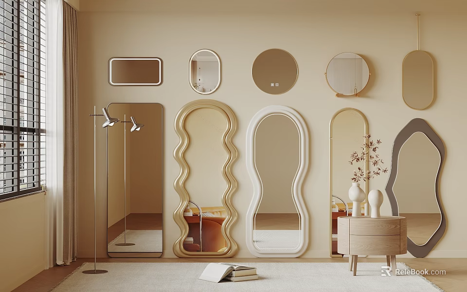 Various Shaped Mirrors on Beige Wall with Decorative Table and Floor Lamp 3d model
