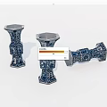 Three Blue and White Patterned Ceramic Vessels with Traditional Decorative Design 3d model