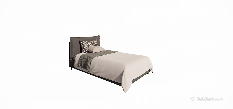 Single Bed Featuring Gray Headboard Striped Pillow Light Pillow Beige Bed Sheet and Gray Blanket 3d model 