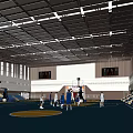 Indoor Basketball Gymnasium Interior With Players Playing On Blue Court Bleacher Seating And Ceiling Design