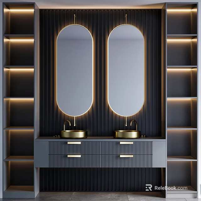 Modern Gray Double Sink Vanity With Oval Gold Frame Mirrors And Lit Shelves 3d model 