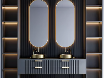 Modern Gray Double Sink Vanity With Oval Gold Frame Mirrors And Lit Shelves 3d model