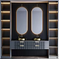 Modern Gray Double Sink Vanity With Oval Gold Frame Mirrors And Lit Shelves