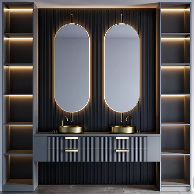 Modern Gray Double Sink Vanity With Oval Gold Frame Mirrors And Lit Shelves 3d model