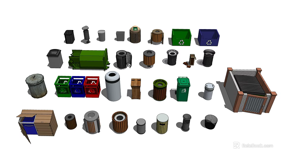 Public Facilities Featuring Various Color Trash Bins And Recycling Containers 3d model