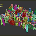 Colorful 3D Cartoon Scene With Various Buildings Towers Green Plants And Shapes