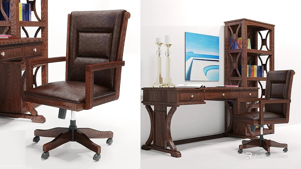 Classic Wooden Office Desk With Brown Leather Chair Bookshelf Painting And Lamp 3d model 