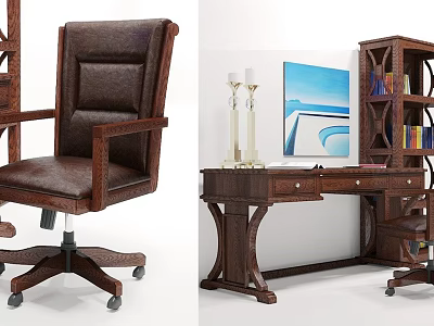 Classic Wooden Office Desk With Brown Leather Chair Bookshelf Painting And Lamp 3d model