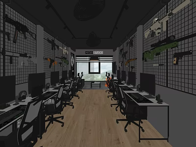 Gaming Themed Internet Cafe Interior With Computers Ergonomic Chairs And Wall Decorations 3d model