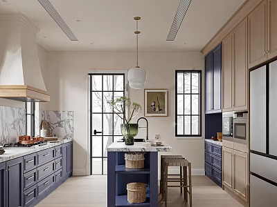 Elegant Modern Kitchen Interior With Dark Blue And Light Wood Cabinets Marble Island Pendant Light 3d model