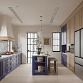 Elegant Modern Kitchen Interior With Dark Blue And Light Wood Cabinets Marble Island Pendant Light