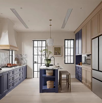 Elegant Modern Kitchen Interior With Dark Blue And Light Wood Cabinets Marble Island Pendant Light 3d model