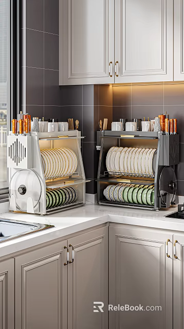 Modern Kitchen Decorative Storage Organizer Set With Plates Mugs And Knives On Countertop 3d model 