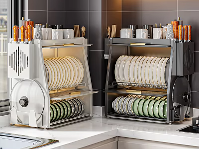 Modern Kitchen Decorative Storage Organizer Set With Plates Mugs And Knives On Countertop 3d model