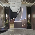 Modern Chinese Shop Front Desk With Traditional Screen Ink Painting Wall And Crystal Chandelier