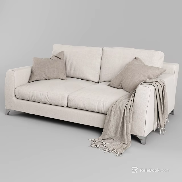 Modern Light Beige Fabric Two Seater Sofa With Throw Pillows And Draped Blanket 3d model