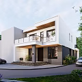 Modern Two Story Single Family House With Driveway Greenery And Front Balcony Design