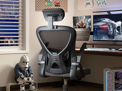 Modern Study Room With Ergonomic Chair Dual Monitors Laptop Stormtrooper Figurine And RGB PC 3d model