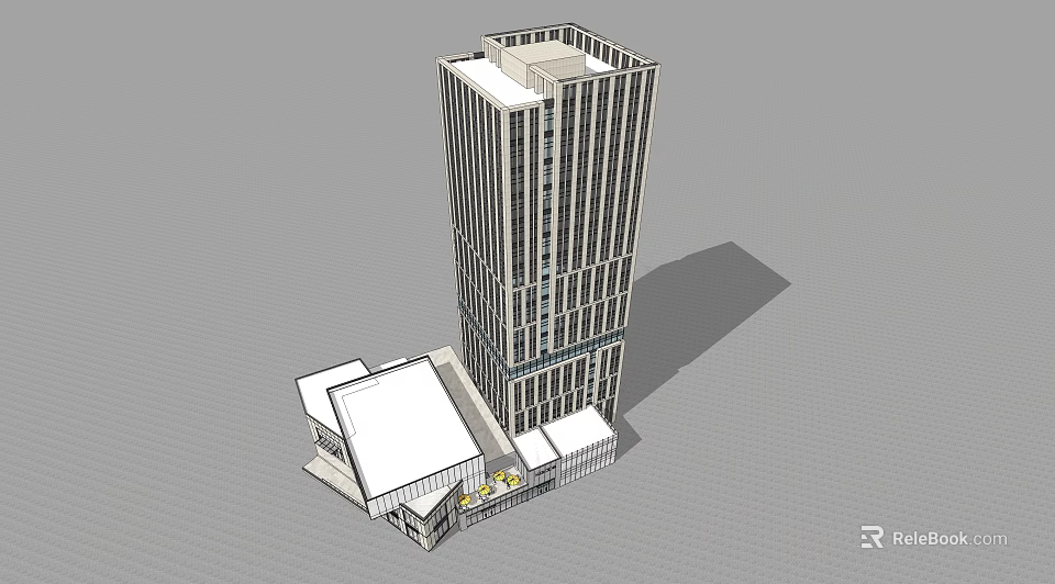 Modern High Rise Office Building With Glass Curtain Wall And Adjacent Low Rise Facilities 3d model 
