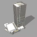Modern High Rise Office Building With Glass Curtain Wall And Adjacent Low Rise Facilities