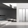 Modern Open Bathroom With Gray Walls Glass Doors Bathtub Steps And Bright Lighting