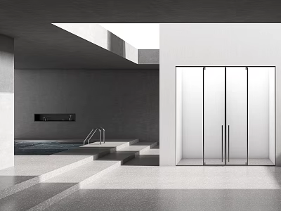 Modern Open Bathroom With Gray Walls Glass Doors Bathtub Steps And Bright Lighting 3d model