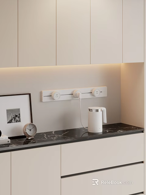 Minimalist Kitchen Interior Design With White Cabinets Marble Countertop And Wall Mounted Socket 3d model