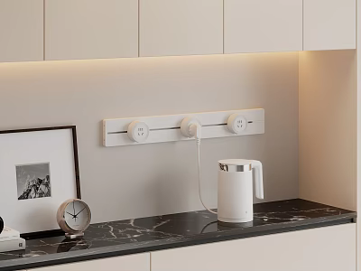 Minimalist Kitchen Interior Design With White Cabinets Marble Countertop And Wall Mounted Socket 3d model
