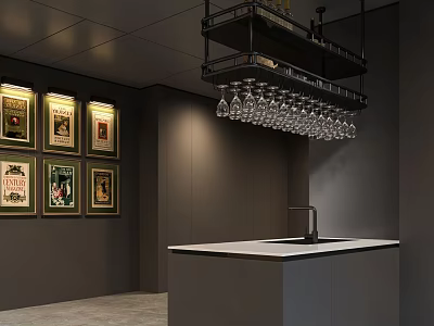 Modern Wine Cellar Interior Design With Wooden Shelves Wine Bottles And Hanging Glasses 3d model