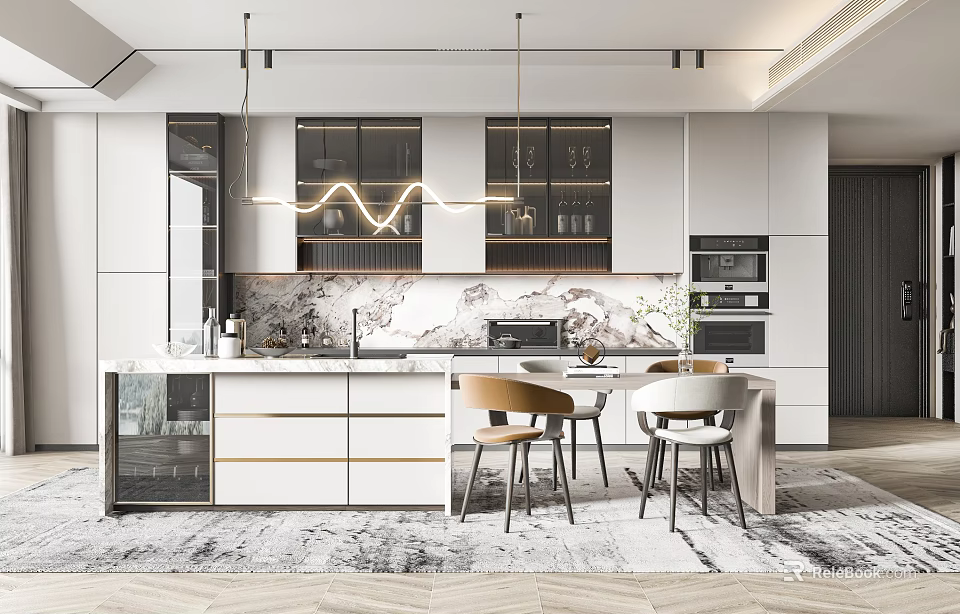 Modern Kitchen Interior With Island Counter Pendant Lights White Cabinets And Appliances 3d model 