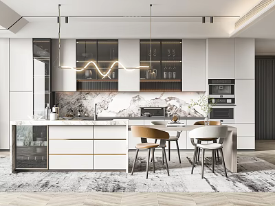 Modern Kitchen Interior With Island Counter Pendant Lights White Cabinets And Appliances 3d model