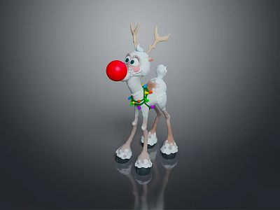 Cute Festive Reindeer With Red Nose Brown Antlers And Colorful Garland Around Neck 3d model