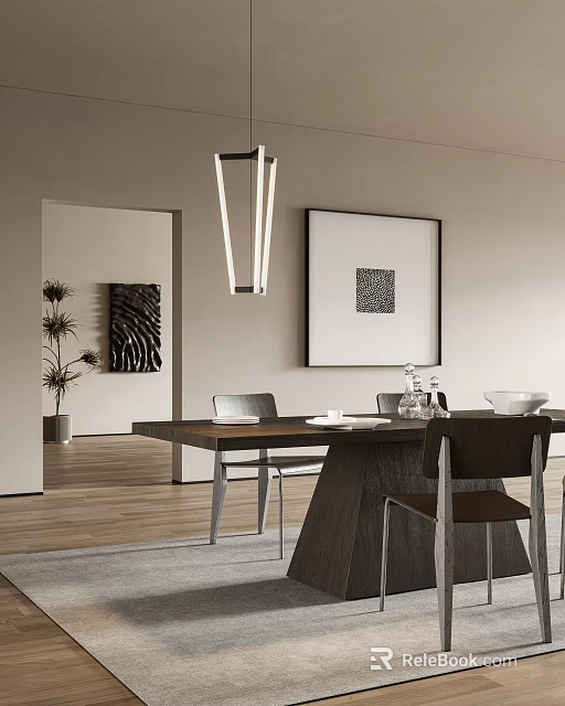 Modern Restaurant Interior With Pendant Light Dining Table Chairs And Artwork 3d model