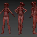 Detailed Cowgirl Character Models In Orange Outfit With Cowboy Hat And Boots