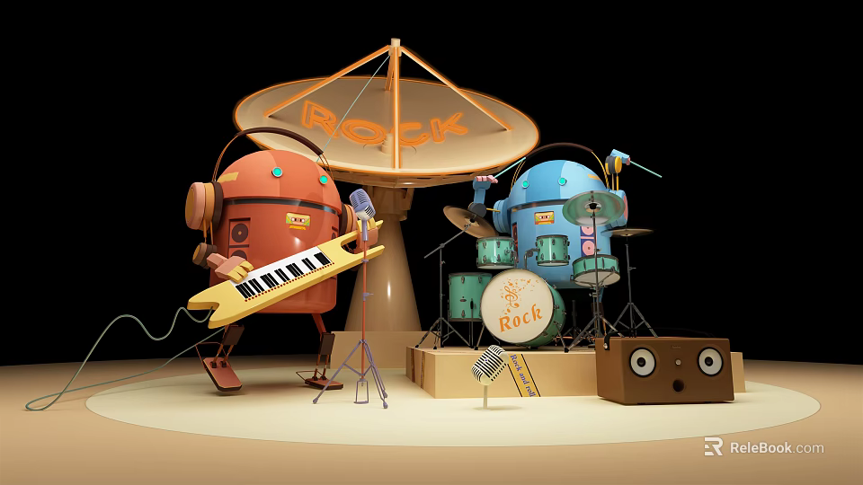 Cartoon Robot Band Performing With Keyboard Drum Set And ROCK Satellite Dish 3d model 
