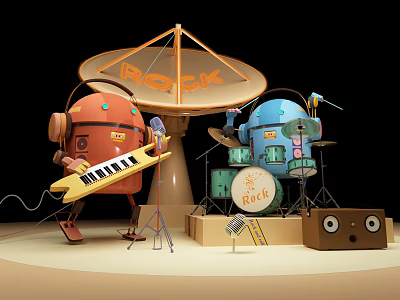 Cartoon Robot Band Performing With Keyboard Drum Set And ROCK Satellite Dish 3d model