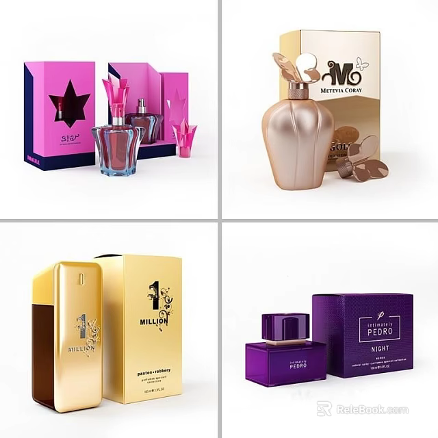Elegant Modern Perfume Cosmetics With Luxury Bottles Pink Gold Purple Packaging And Stylish Design 3d model 