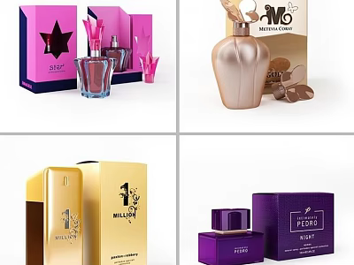 Elegant Modern Perfume Cosmetics With Luxury Bottles Pink Gold Purple Packaging And Stylish Design 3d model
