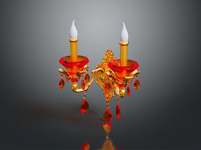 Elegant Red And Gold Wall Sconce Lighting Combination With Candle Shaped Design And Crystal Pendants 3d model