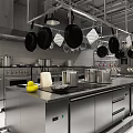 Commercial Kitchen Setup With Stainless Steel Workbench Hanging Cookware And Kitchen Appliances