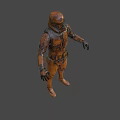 Man wearing rusted metallic armor with helmet and orange glowing eyes