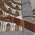 Cartoon Fantasy Castle Interior With Spiral Staircase Arched Doors And Hanging Cages